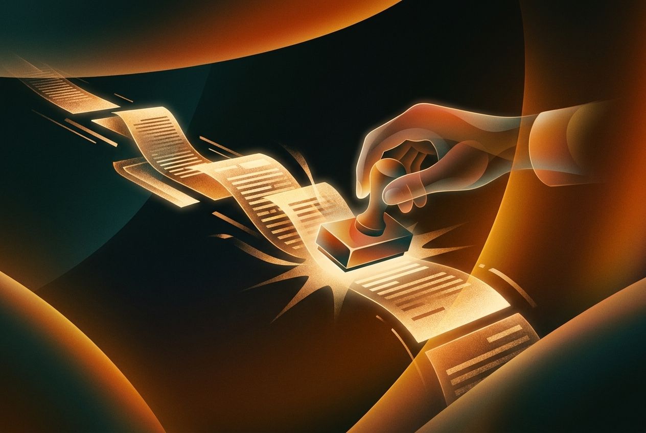 Abstract illustration of many drafted pages flowing toward a single human checkpoint